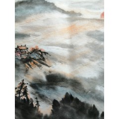 《寺庙辉日》彭民主（省美协会员）国画写意山水，宣纸画芯69x69厘米，年代2021