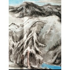 《雪山之下》彭民主（省美协会员）国画写意山水，纯手工，画芯34X68厘米，年代2020。