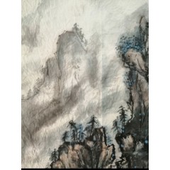 《雲里雾里》彭民主（省美协会员），纯手工国画山水画，宣纸画芯：47x53厘米，年代2016。