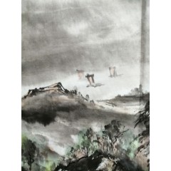 《逆行舟》彭民主（省美协会员）国画写意山水画，纯手绘，宣纸34x68厘米，年代2020。