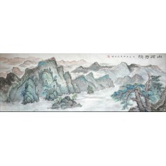 《山河秀丽》彭民主（省美协会员）国画写意山水画，纯手绘，宣纸画芯218x80厘米，年代2020。