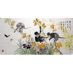 赵钲国画动物猴四尺整张横花丛取乐