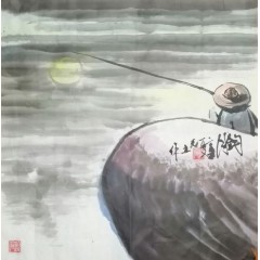 《钓月》彭民主（省美协会员）写意山水画，纯手绘宣纸画芯66x68厘米，年代2021。