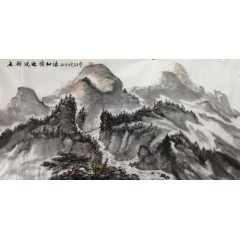 《五岭逶迤腾细浪》彭民主（省美协会员）写意山水画，纯手绘，宣纸画芯136x68厘米，年代2016。