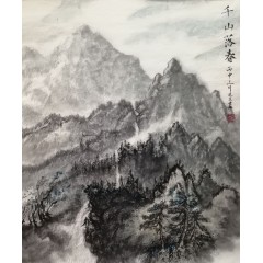 《千山落春》彭民主（省美协会员）写意山水画，纯手绘，宣纸画芯74x90厘米，年代2016。