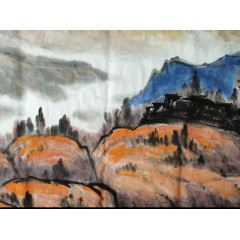 《红山坡》彭民主（省美协会员）写意山水画，纯手绘，画芯46x69厘米，年代2020。