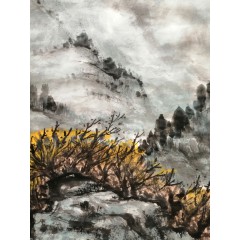 《秋雾满垅》彭民主（省美协会员）写意山水画，纯手绘，宣纸画芯69x138厘米，年代2018。