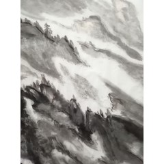 《五岭逶迤腾细浪》彭民主（省美协会员）写意山水画，纯手绘，宣纸画芯136x68厘米，年代2016。