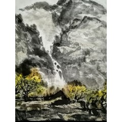 《晚秋》彭民主（省美协会负）写意山水画，纯手绘，宣纸画芯110x54厘米，年代2016。