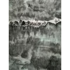 《江畔归帆》彭民主（省美协会员）写意山水画，纯手绘，宣纸画芯99x54厘米，年代，2016。