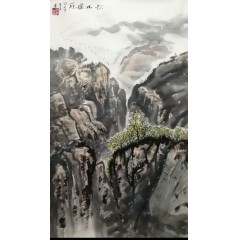 《秋山送雁》彭民主（省美协会员）写意山水画，纯手绘，宣纸画芯54x90厘米，年代2013。
