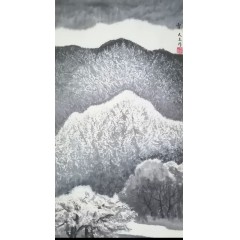 《雪》彭民主（省美协会员）写意山水画，纯手绘，宣纸画芯58x104厘米，年代2018。