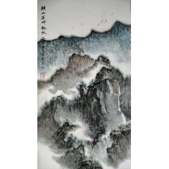 《横山、竖岭、飘帆》彭民主（省美协会员）写意山水画，纯手绘，宣纸画芯59x91厘米，年代2015。