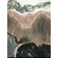 《晚秋映潭》彭民主（省美协会员）写意山水画，纯手绘，宣纸画芯54x90厘米，年代2013。