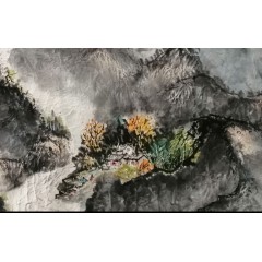 《高山深处居人家》彭民主（省美协会员）写意山水画，纯手绘，画芯112x80厘米，年代2016。