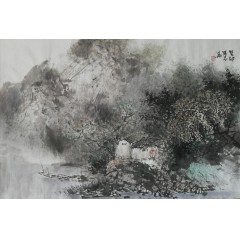 国画山水黄志华江畔晨韵四尺三开横山水